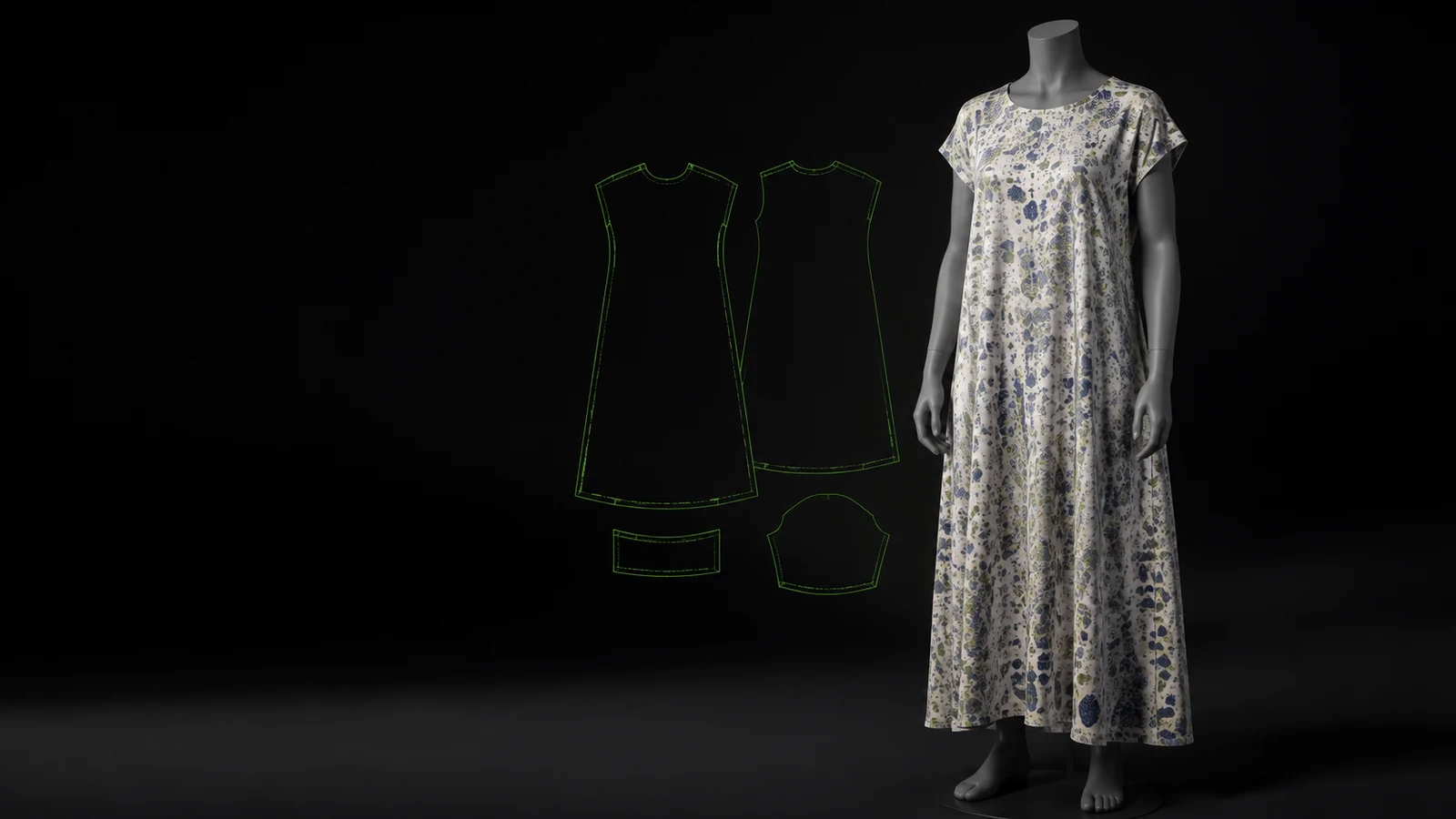 Daster lengan setali floral pada mannequin digital dengan garis pola hijau CLO3D