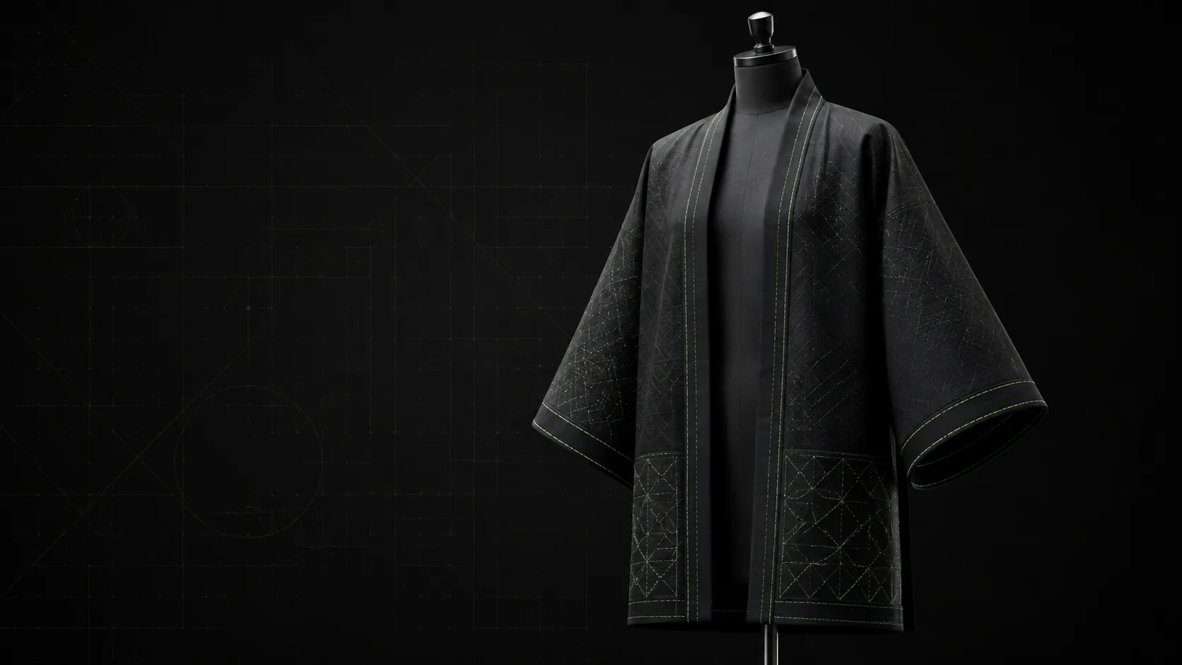 Prototype outer kimono wanita hitam dengan jahitan hijau pada mannequin digital