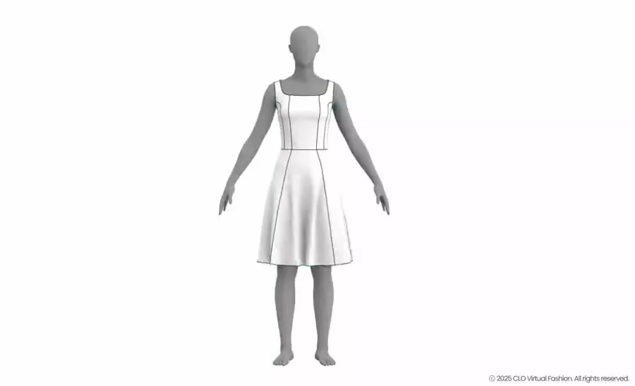 Avatar wanita dengan garment digital putih di CLO3D sebagai contoh membaca siluet, panel, dan garis konstruksi