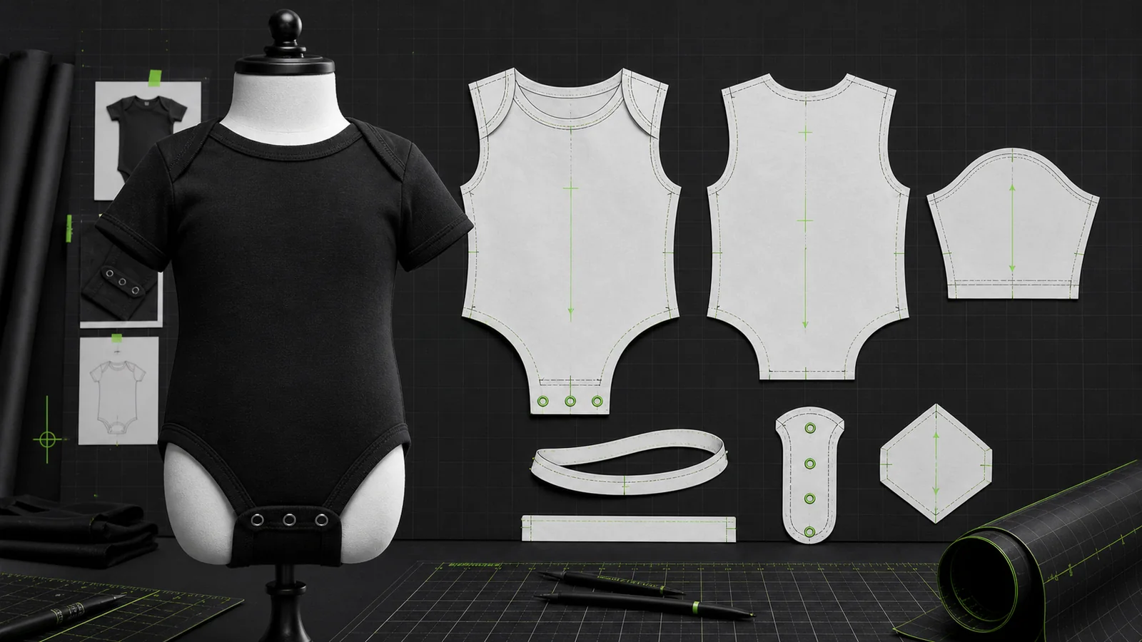 Manekin jahit tidak bernyawa berproporsi bayi memakai bodysuit hitam bersama pola 2D badan depan-belakang, lengan, neckband, snap placket, grainline, notch, dan tanda teknis hijau