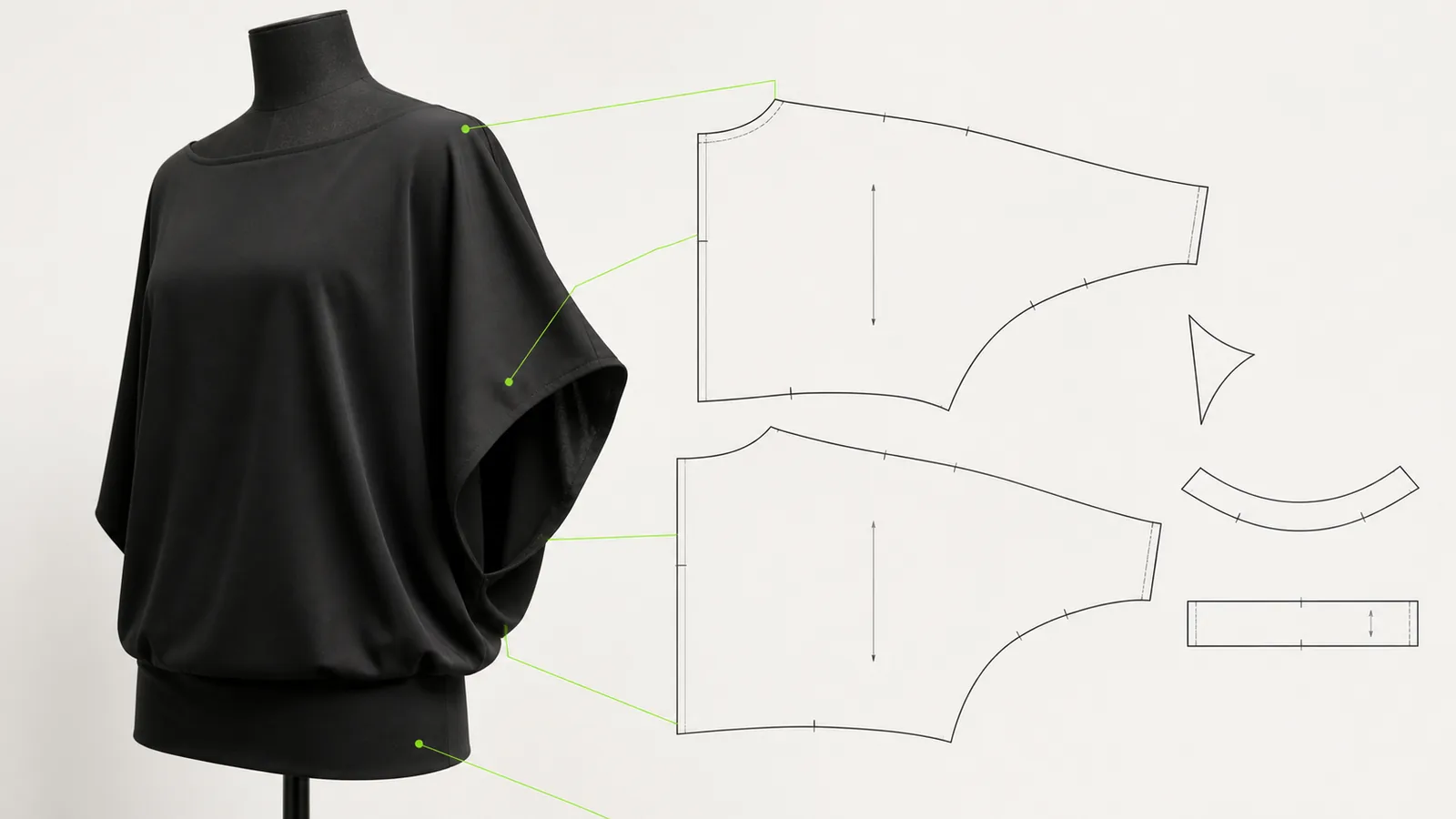 Manekin hitam mengenakan atasan batwing dengan underarm dalam, pola front dan back berlengan menyatu, gusset, facing, cuff, grainline, serta notch