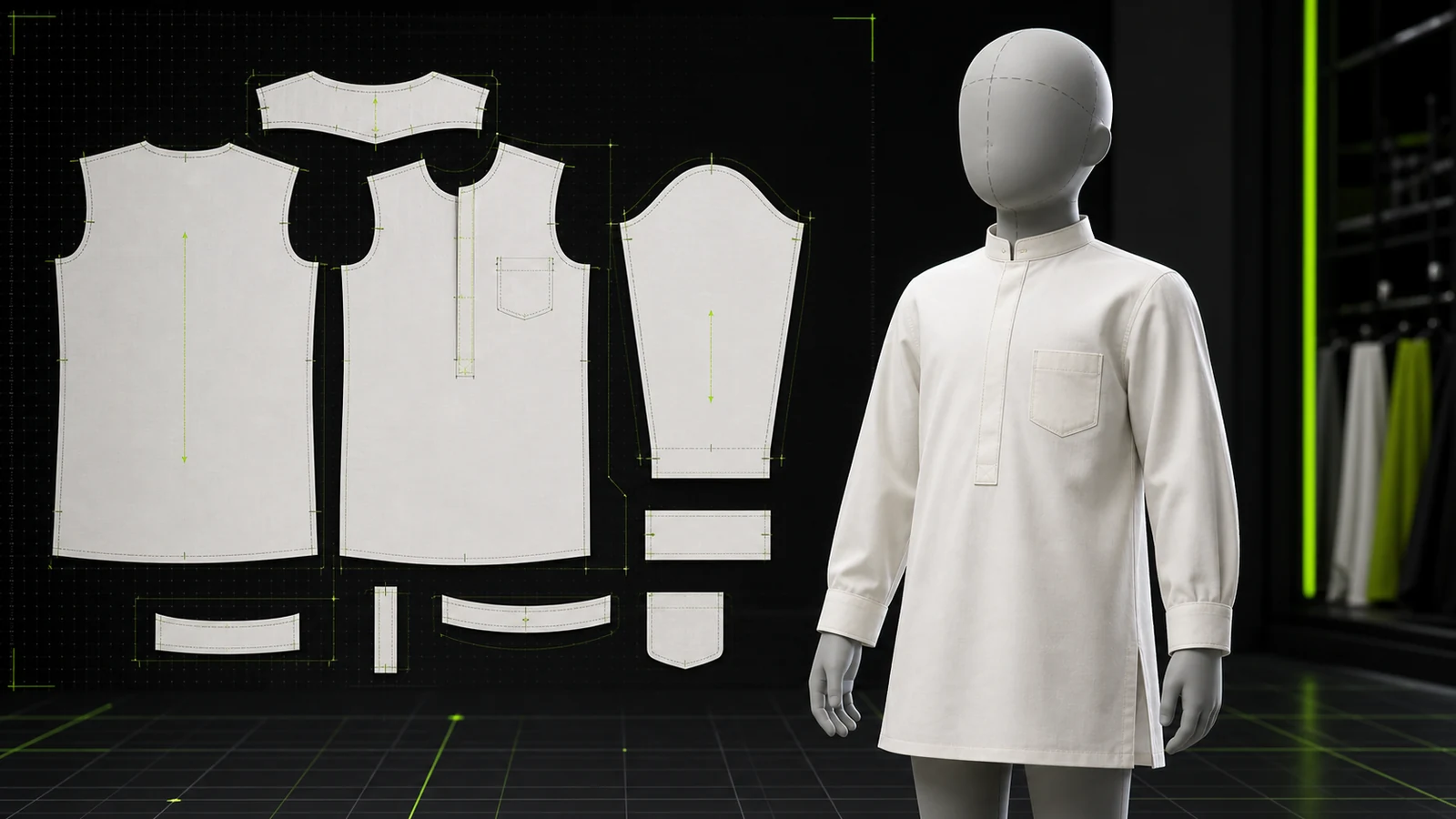 Manekin digital berproporsi anak memakai baju koko putih bersama pola 2D bodice, yoke, lengan, manset, kerah Shanghai, placket, dan saku beraksen hijau