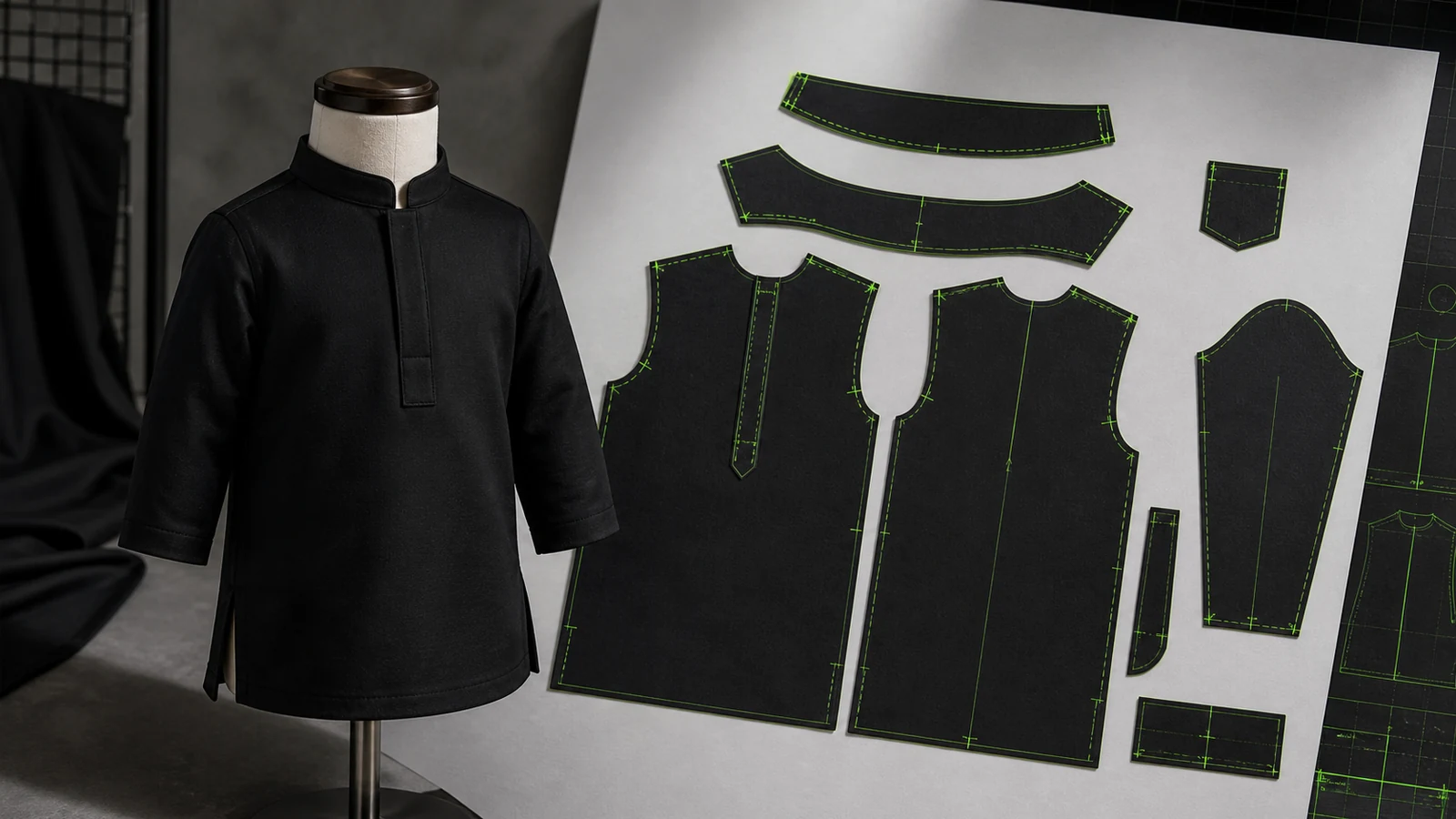 Manekin jahit bayi tidak bernyawa memakai baju koko hitam berkerah Shanghai bersama pola digital bodice, yoke, placket, lengan, manset, saku, grainline, dan notch hijau