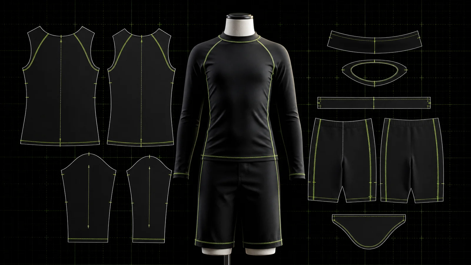 Manekin fashion berproporsi anak memakai rash guard hitam dan celana renang selutut bersama pola 2D bodice raglan, lengan, neckband, waistband, lining, seam line, grainline, dan notch hijau