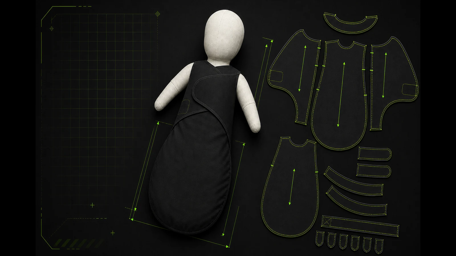 Manekin jahit tidak bernyawa berproporsi bayi memakai bedong instan hitam bersama pola pouch, wing kiri-kanan, facing, closure map, grainline, notch, dan garis teknis hijau