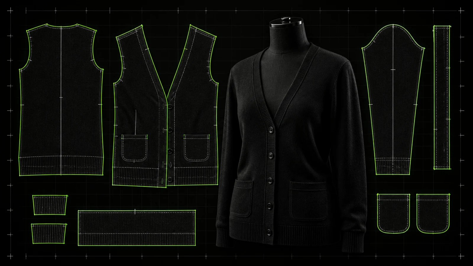 Cardigan cut-and-sewn knit hitam pada manekin dengan pola digital badan, lengan, band, rib, dan saku berwarna hijau