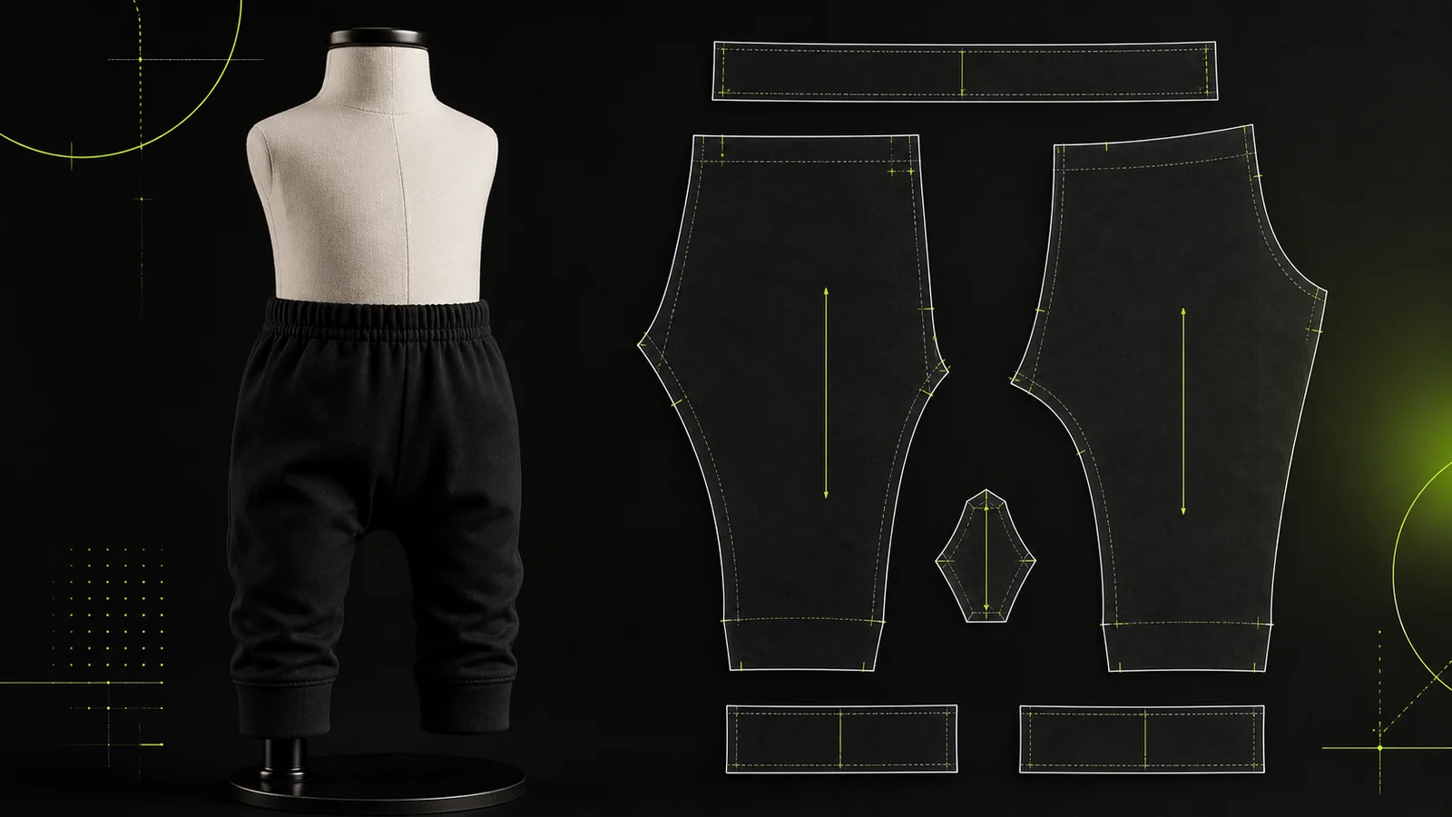Manekin jahit tidak bernyawa berproporsi bayi memakai celana hitam bersama pola 2D kaki depan-belakang, pinggang, gusset, cuff, grainline, kurva pesak, notch, dan garis teknis hijau