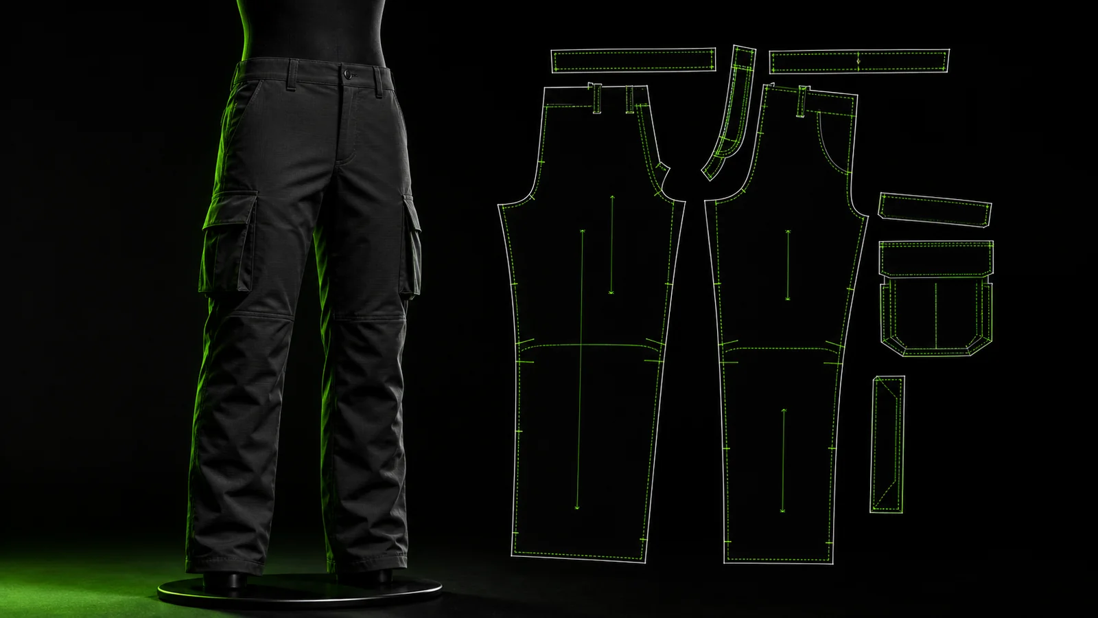 Manekin tanpa wajah memakai celana cargo hitam dengan saku bellows, flap, waistband, fly, panel lutut, dan peta pola digital berwarna hijau
