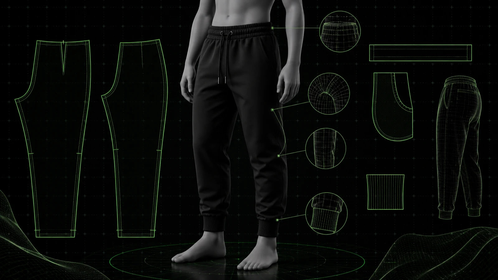 Manekin dewasa tanpa wajah memakai celana jogger hitam dengan pinggang karet, drawcord, saku samping, taper, rib cuff, dan peta pola digital hijau