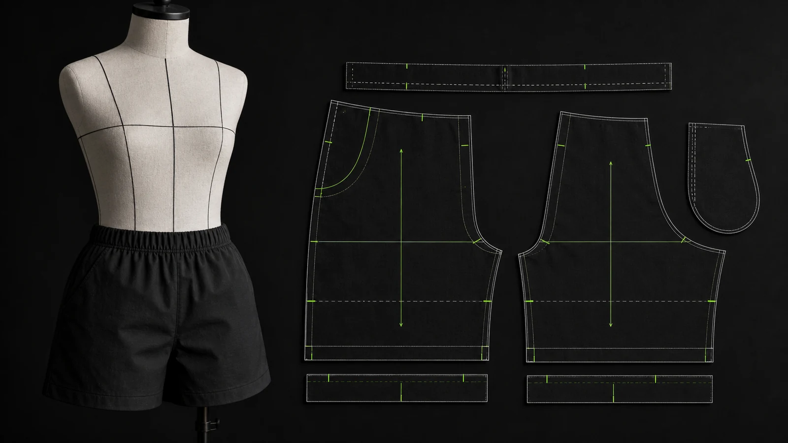 Manekin jahit berproporsi anak memakai celana pendek hitam berpinggang karet bersama pola 2D kaki depan-belakang, waistband, saku, garis pesak, hem, grainline, dan notch hijau