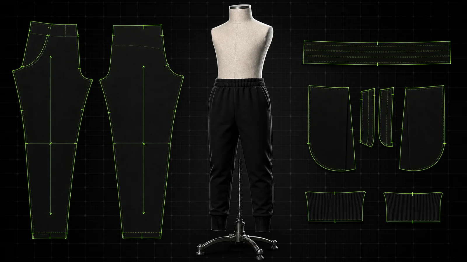 Manekin jahit berproporsi anak memakai celana training jogger hitam bersama pola 2D depan-belakang, ban pinggang elastis, saku, taper kaki, rib cuff, grainline, seam line, dan notch hijau