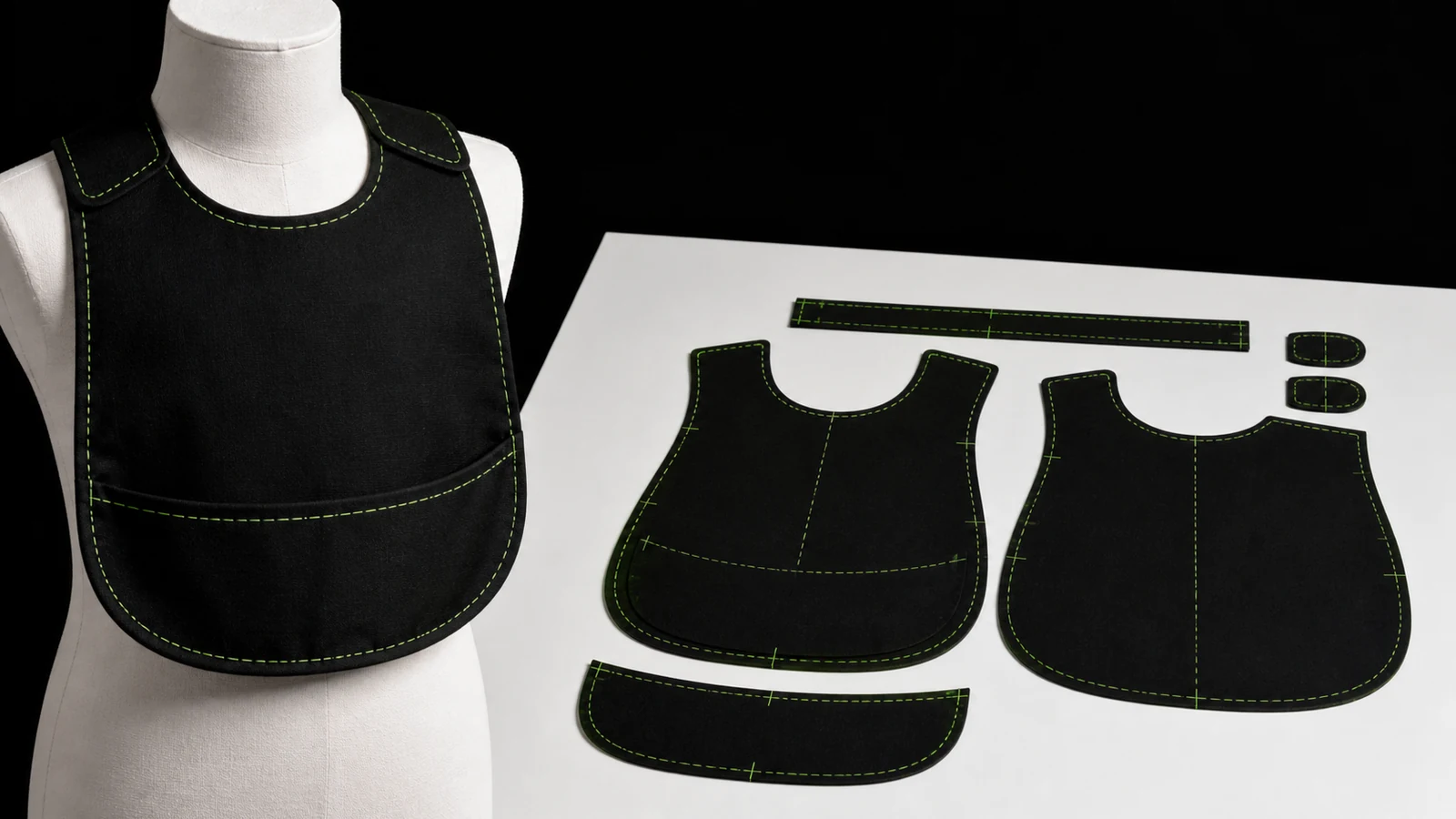 Manekin torso bayi tidak bernyawa memakai celemek hitam bersama pola panel depan, backing, pocket, binding, closure, seam line, grainline, dan notch hijau