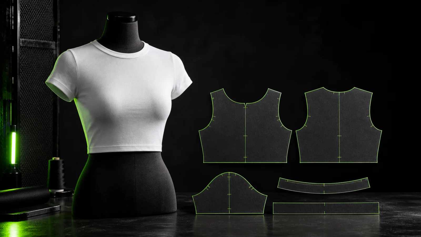 Manekin hitam memakai crop top knit putih berlengan pendek di samping pola front, back, lengan, neckband, dan hem band bernotch hijau