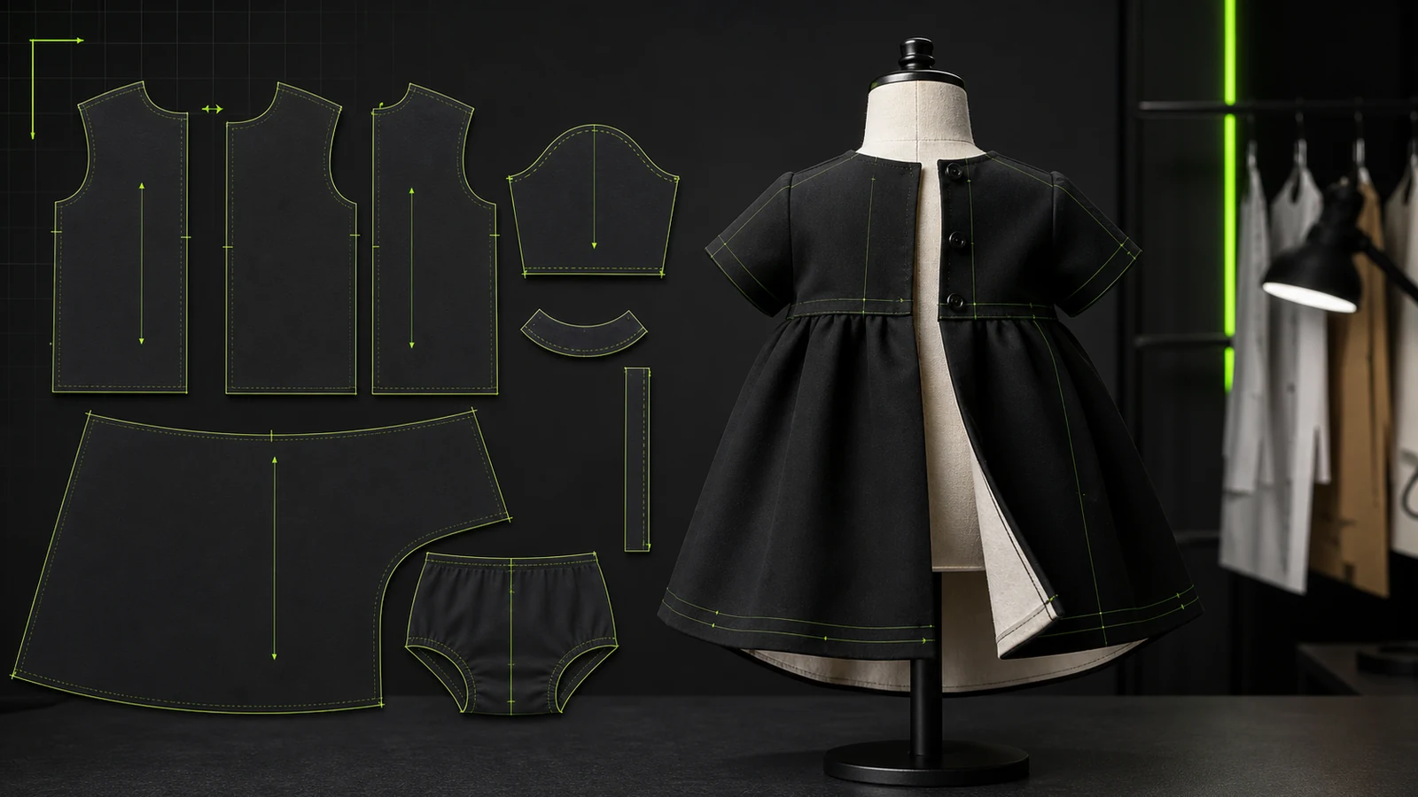 Manekin jahit tidak bernyawa berproporsi bayi memakai dress hitam A-line bersama pola 2D bodice depan-belakang, lengan, rok, facing, placket, grainline, notch, dan garis teknis hijau