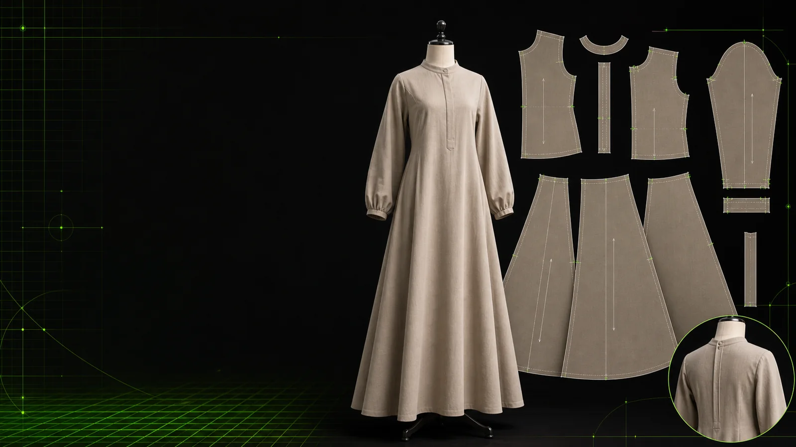 Manekin ukuran anak memakai gamis A-line digital bersama pola 2D bodice, lengan, rok, facing, grainline, dan notch beraksen hijau