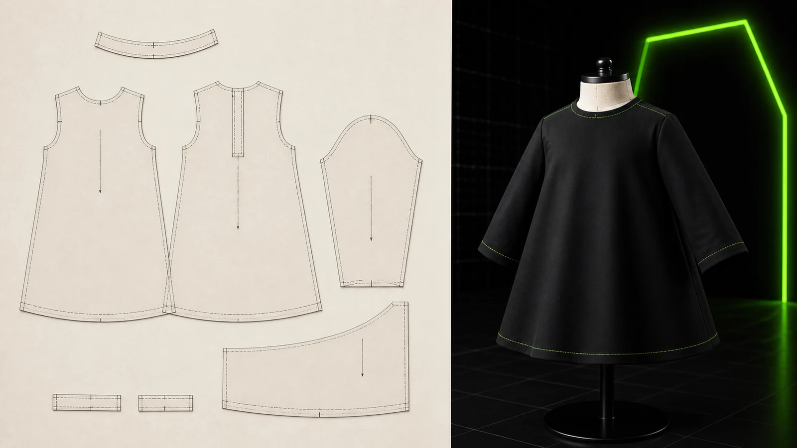 Manekin jahit bayi tidak bernyawa memakai gamis hitam A-line berlengan panjang bersama pola digital bodice depan-belakang, lengan, facing, placket, panel bawah, grainline, dan notch hijau