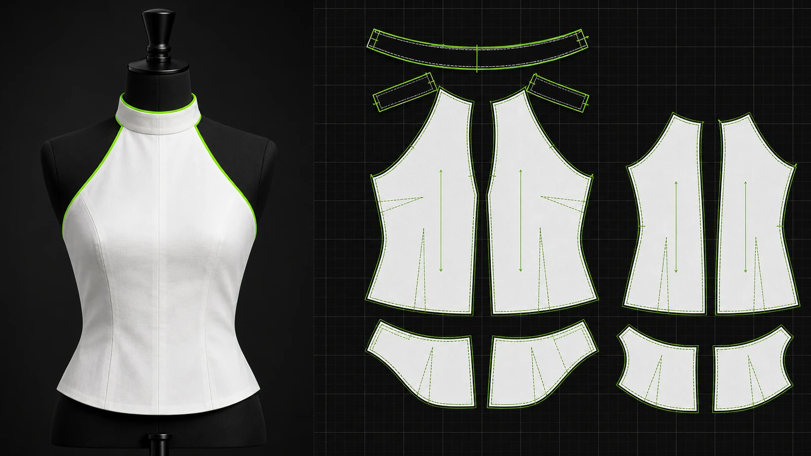 Manekin hitam mengenakan bodice halter neck putih dengan neck band hijau, bahu terbuka, serta pola front, back, band, facing, grainline, dan notch