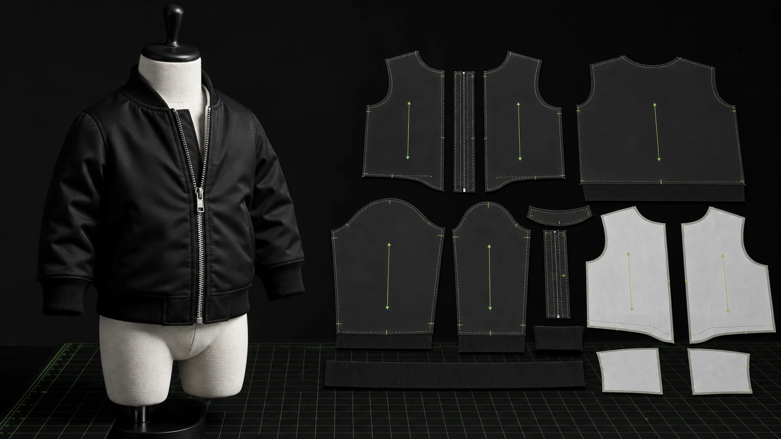 Manekin jahit tidak bernyawa berproporsi bayi memakai jaket bomber hitam bersama pola bodice depan-belakang, lengan, zipper guard, collar, cuff, hem band, lining, grainline, dan notch