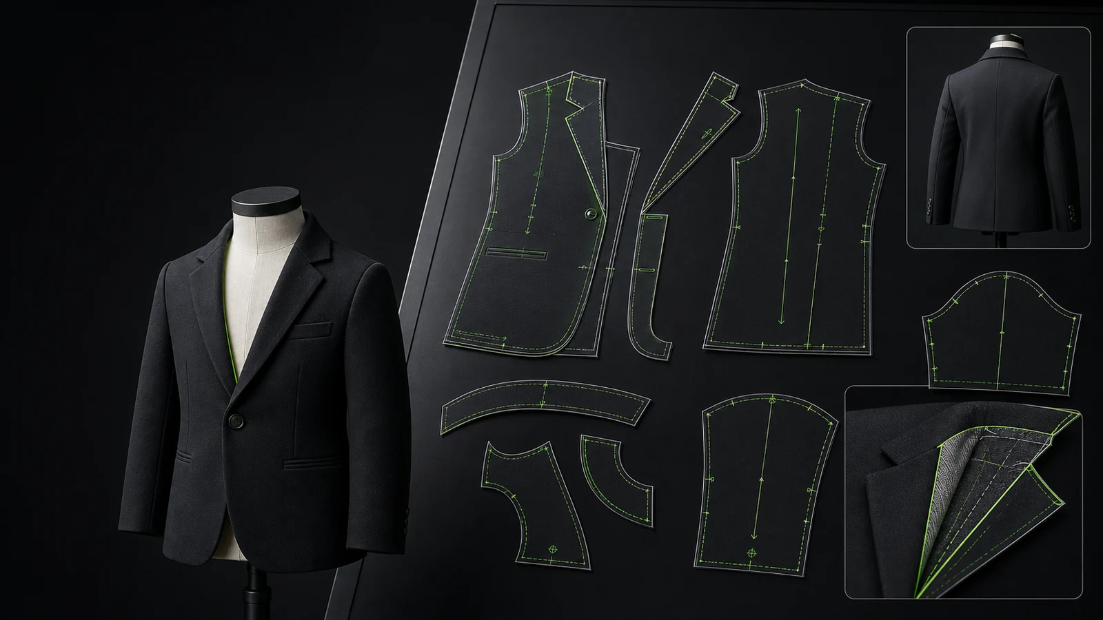 Manekin berproporsi anak memakai blazer hitam bersama pola 2D front, back, lapel, collar, upper sleeve, under sleeve, facing, grainline, dan notch hijau