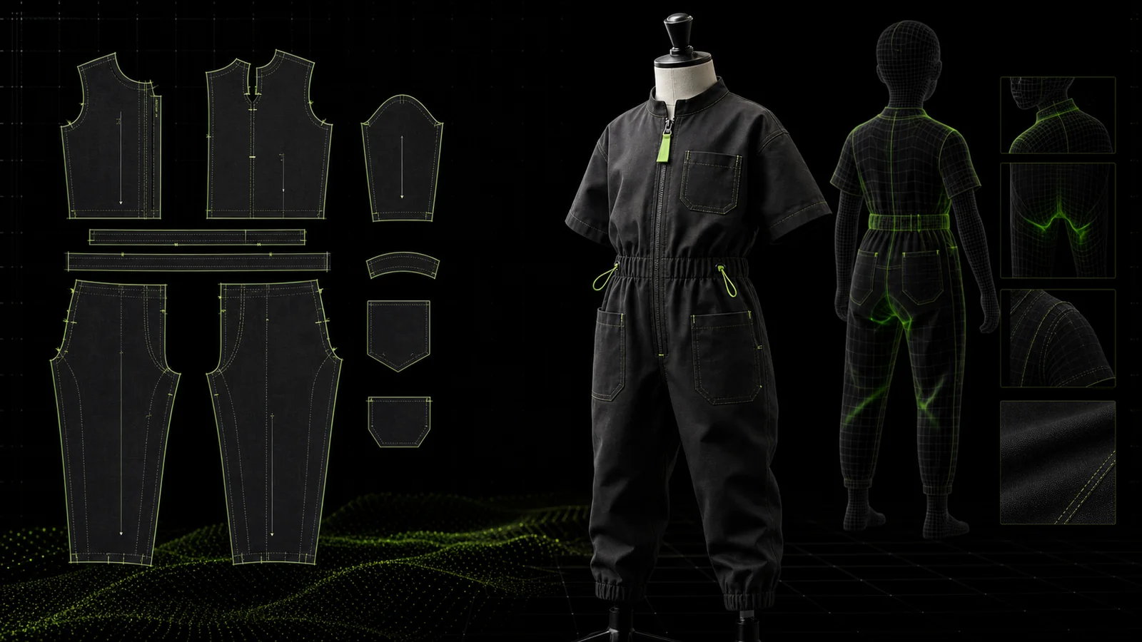 Manekin berproporsi anak memakai jumpsuit hitam bersama pola 2D bodice, celana, lengan, ban pinggang, kerah, saku, grainline, seam line, dan notch hijau
