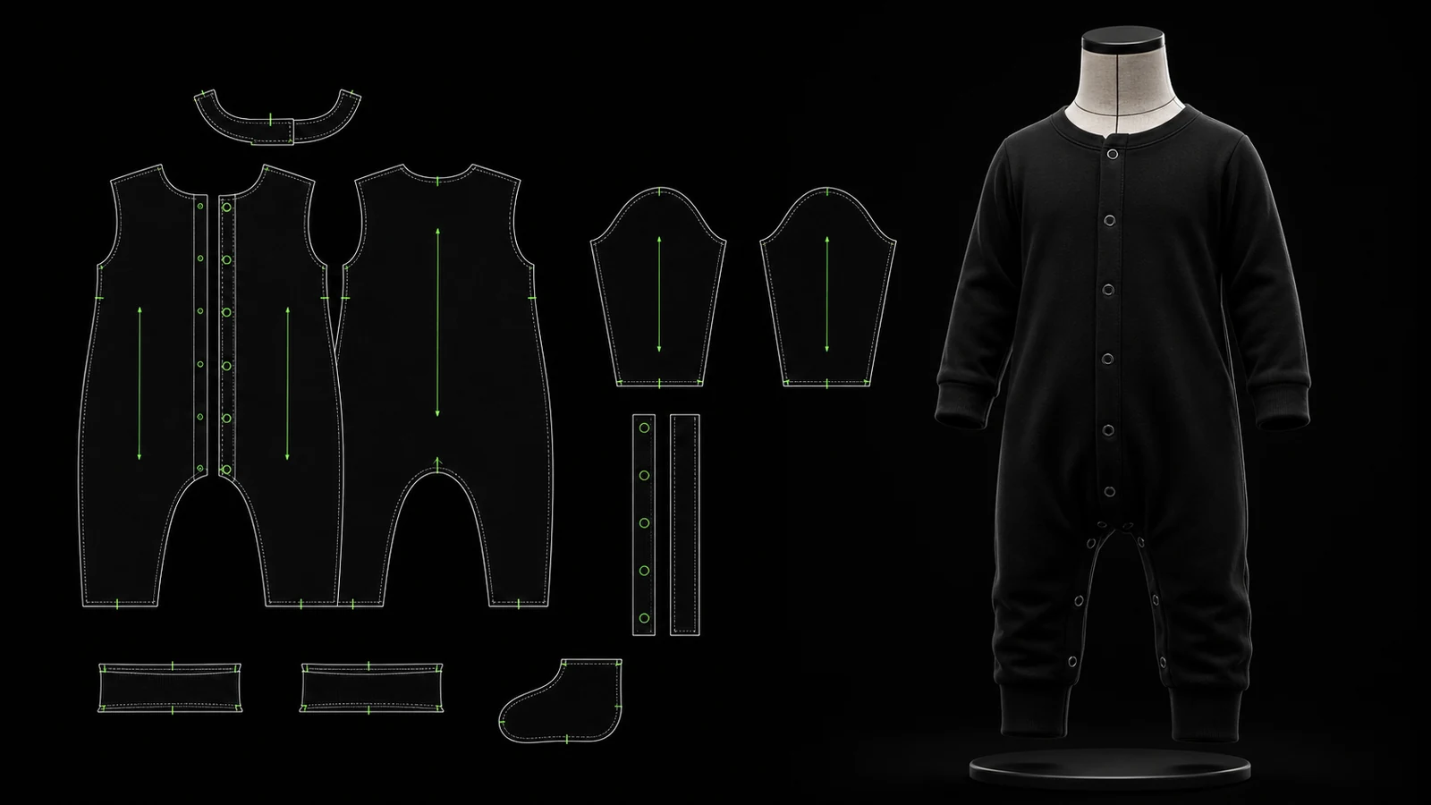 Manekin jahit tidak bernyawa berproporsi bayi memakai jumpsuit hitam bersama pola 2D front-back bodice dan kaki, lengan, placket, facing, cuff, footed piece, grainline, notch, dan garis teknis hijau