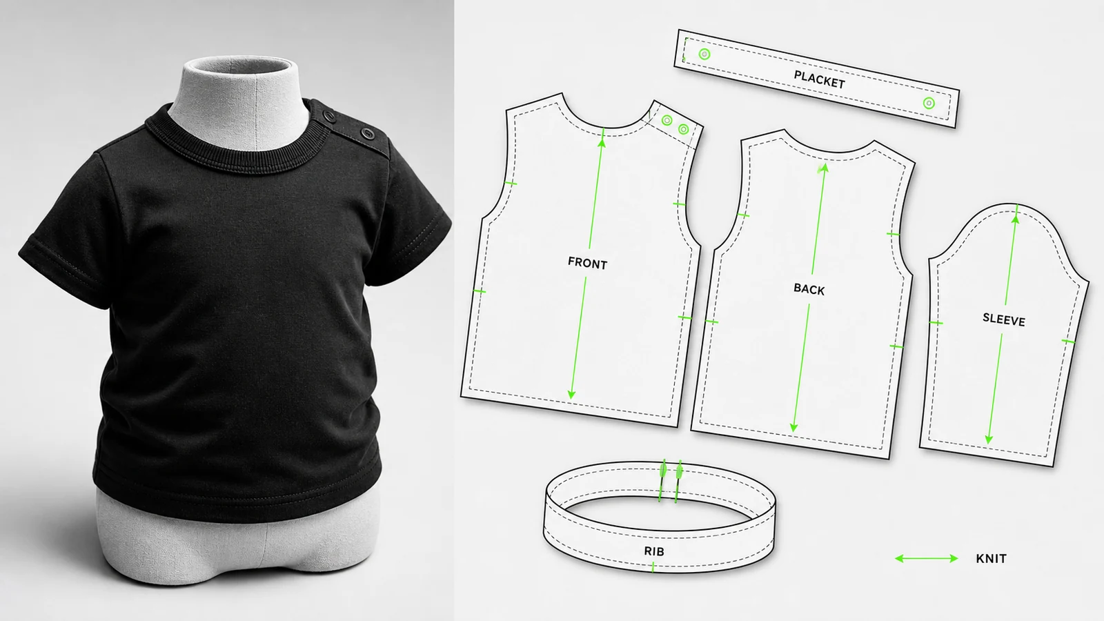Manekin jahit bayi tidak bernyawa memakai kaos hitam bersama pola digital badan depan, belakang, lengan, rib neckband, placket bahu, grainline, notch, dan arah stretch hijau