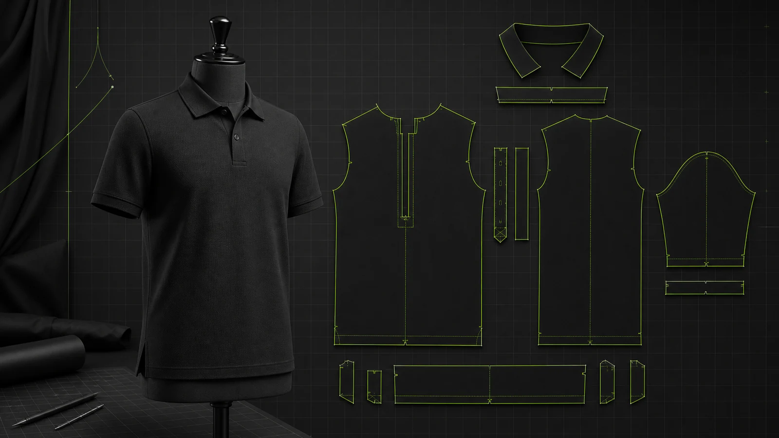 Kaos polo hitam pada manekin dewasa dengan pola digital badan, lengan, kerah, placket, dan side vent berwarna hijau