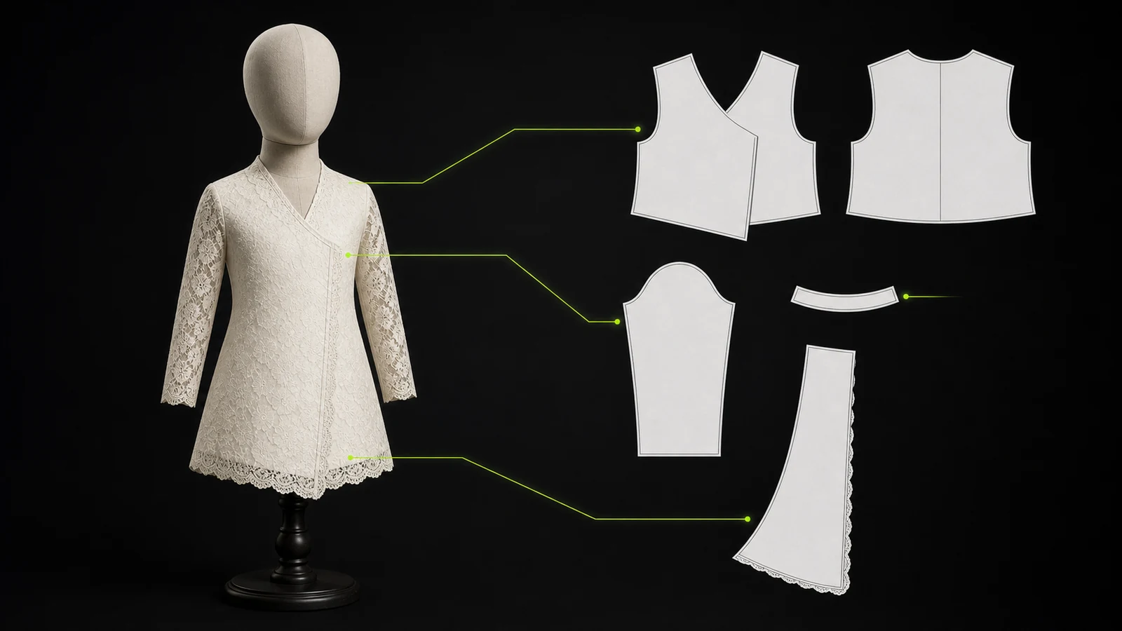 Manekin dress form berproporsi anak memakai kebaya putih bersama pola 2D bodice, lengan, facing, dan panel depan dengan garis teknis hijau