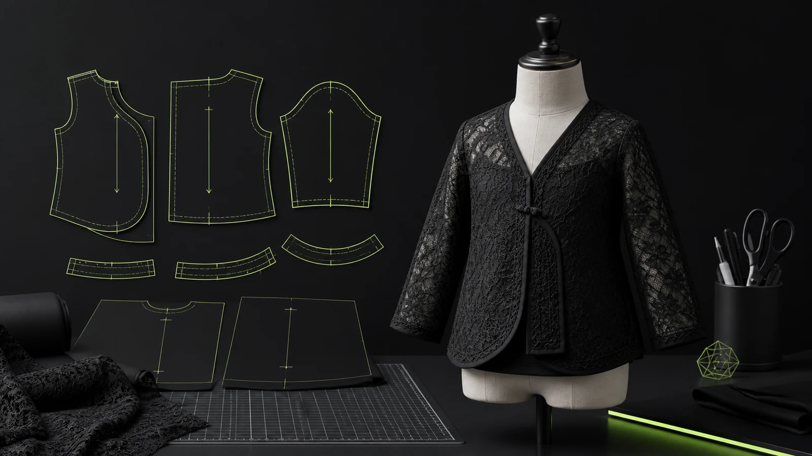 Manekin jahit tidak bernyawa memakai kebaya bayi hitam berlapis brokat bersama pola digital bodice, lengan, facing, panel kutu baru, grainline, seam, dan notch hijau