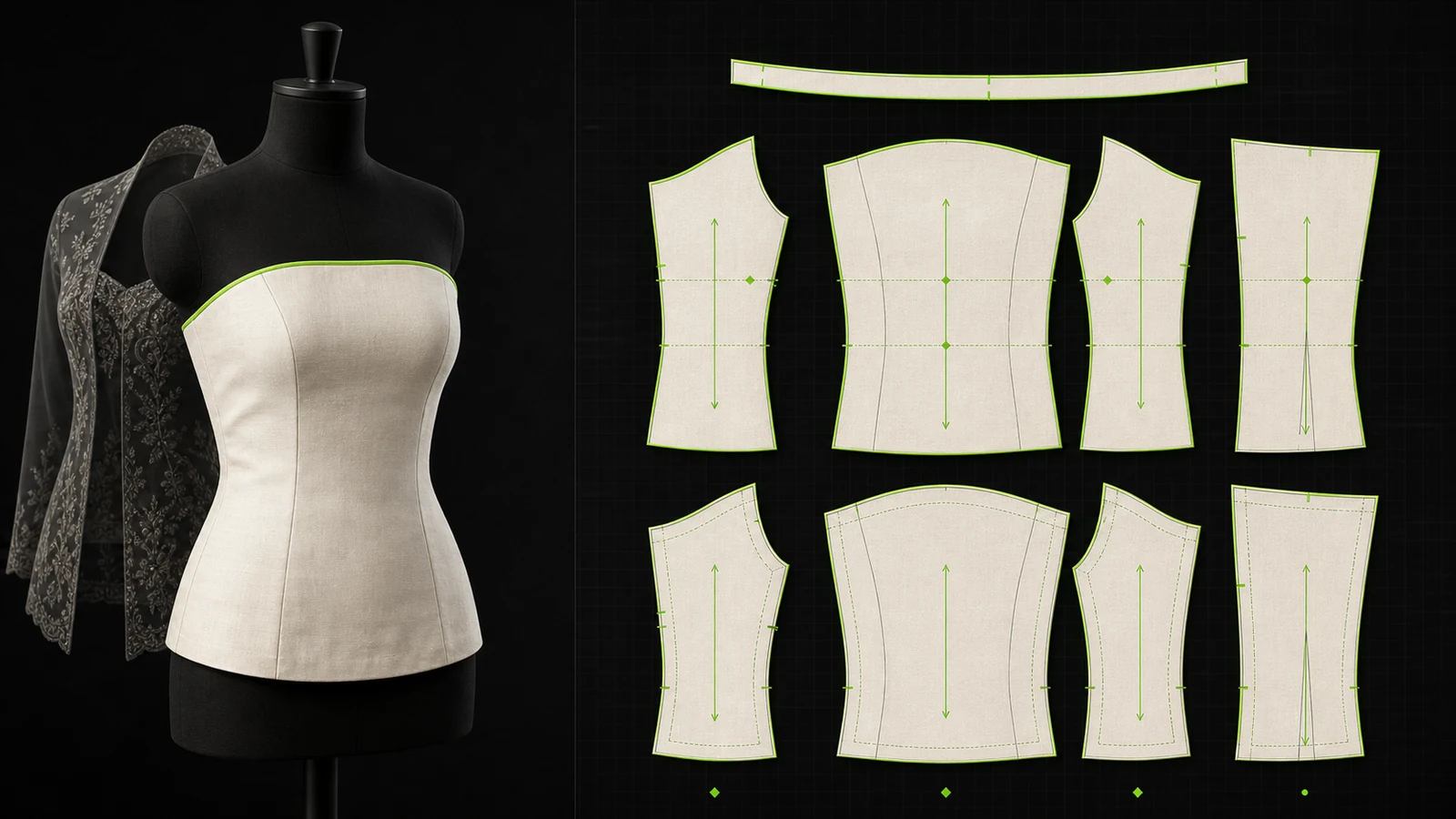 Manekin hitam mengenakan kemben putih dengan upper edge hijau dan outer kebaya transparan, di samping pola front, back, lining, stay, grainline, serta notch
