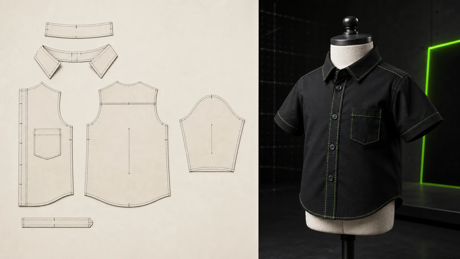 Manekin jahit bayi tidak bernyawa memakai kemeja hitam bersama pola digital badan depan, belakang, yoke, lengan, collar stand, collar leaf, placket, saku, grainline, dan notch hijau