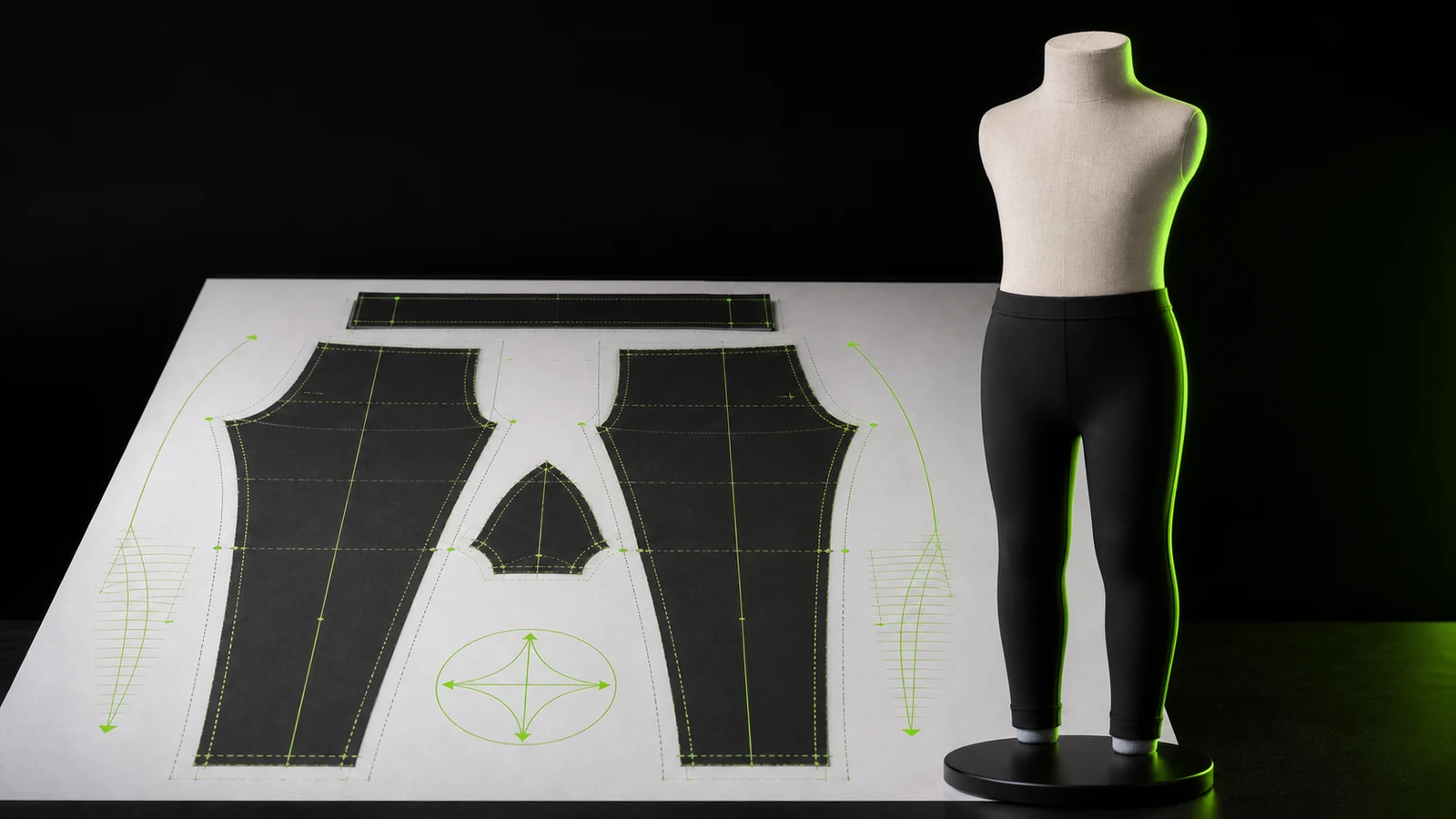 Manekin jahit berproporsi anak memakai legging hitam bersama pola 2D kaki depan-belakang, ban pinggang, gusset, garis lutut, grainline, notch, dan penanda stretch hijau
