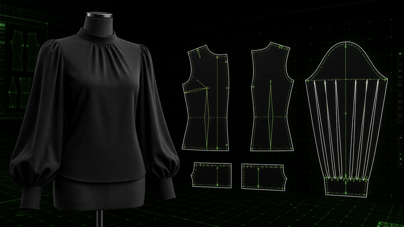 Blus hitam berlengan balon pada manekin dengan pola digital sleeve slash-and-spread, kerut, manset, notch, dan grainline