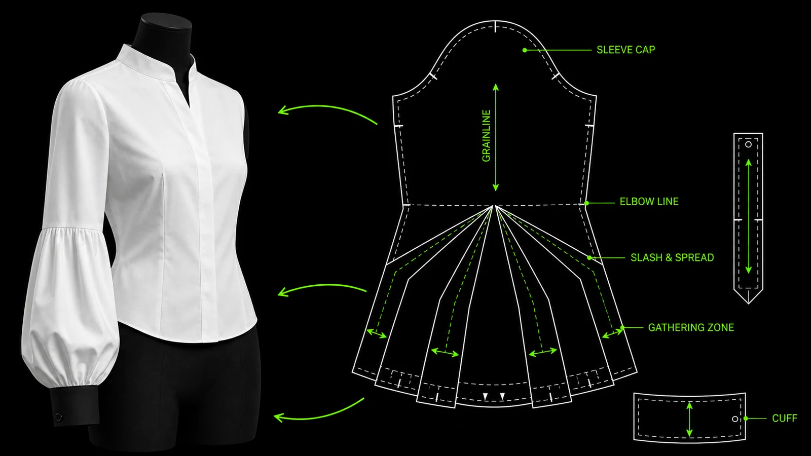 Blus putih berlengan bishop pada manekin dengan pola digital sleeve, slash-and-spread bawah siku, gathering zone, grainline, notch, dan cuff