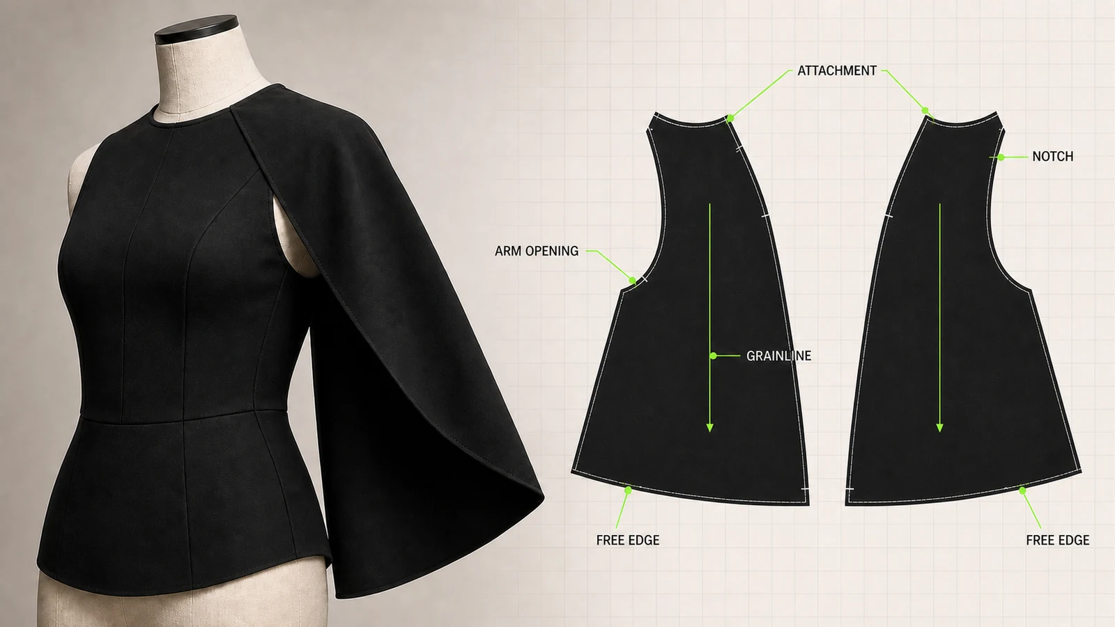 Manekin berbusana hitam dengan panel lengan cape terpisah serta pola digital attachment, arm opening, free edge, grainline, dan notch