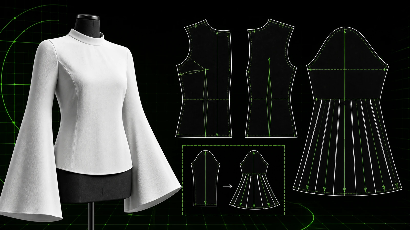 Blus putih berlengan lonceng pada manekin dengan pola digital set-in sleeve, garis slash-and-spread, grainline, notch, dan kurva hem