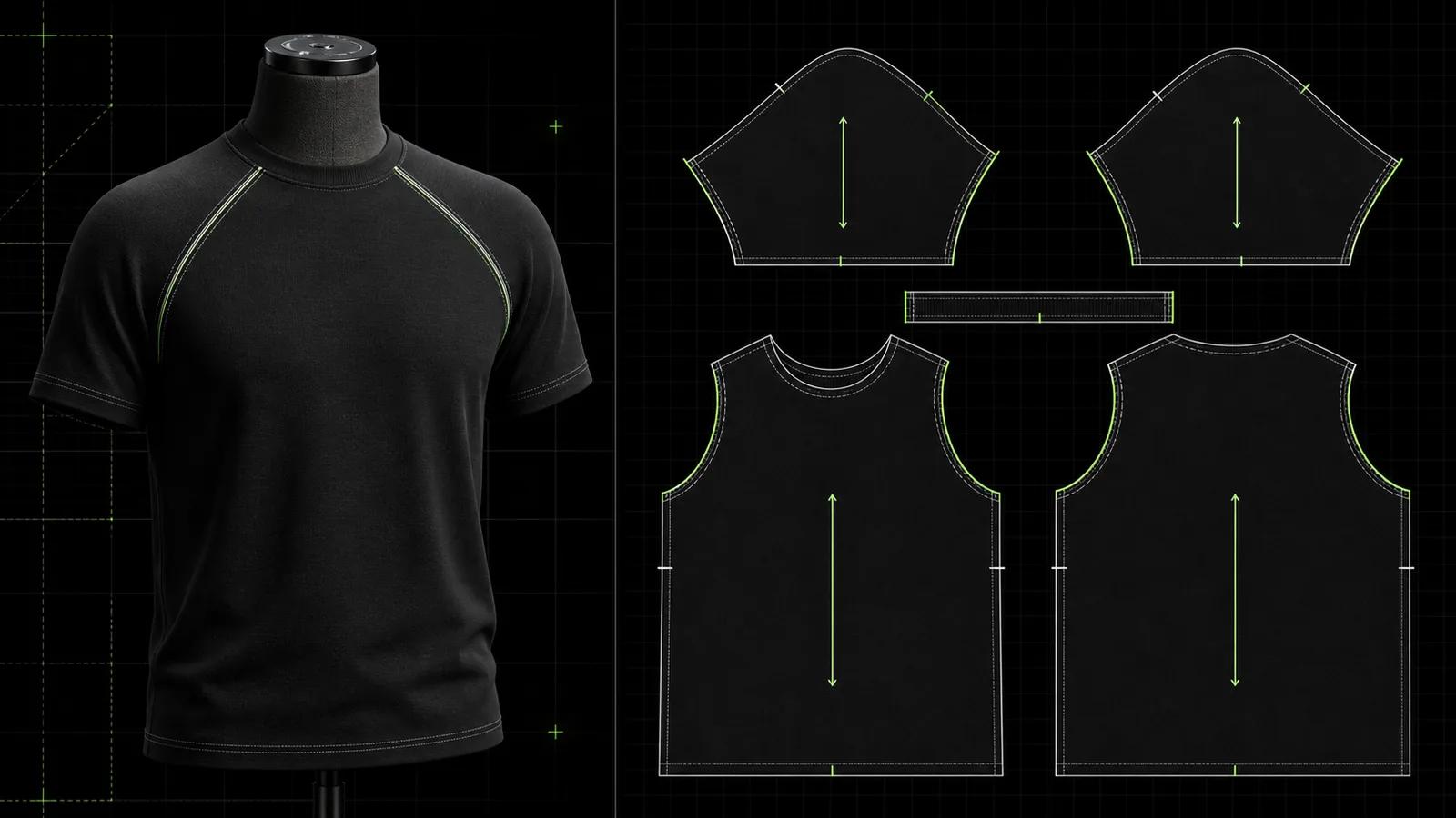 Kaos raglan knit hitam pada manekin dengan pola digital badan depan, belakang, lengan raglan, neckband, notch, dan arah stretch
