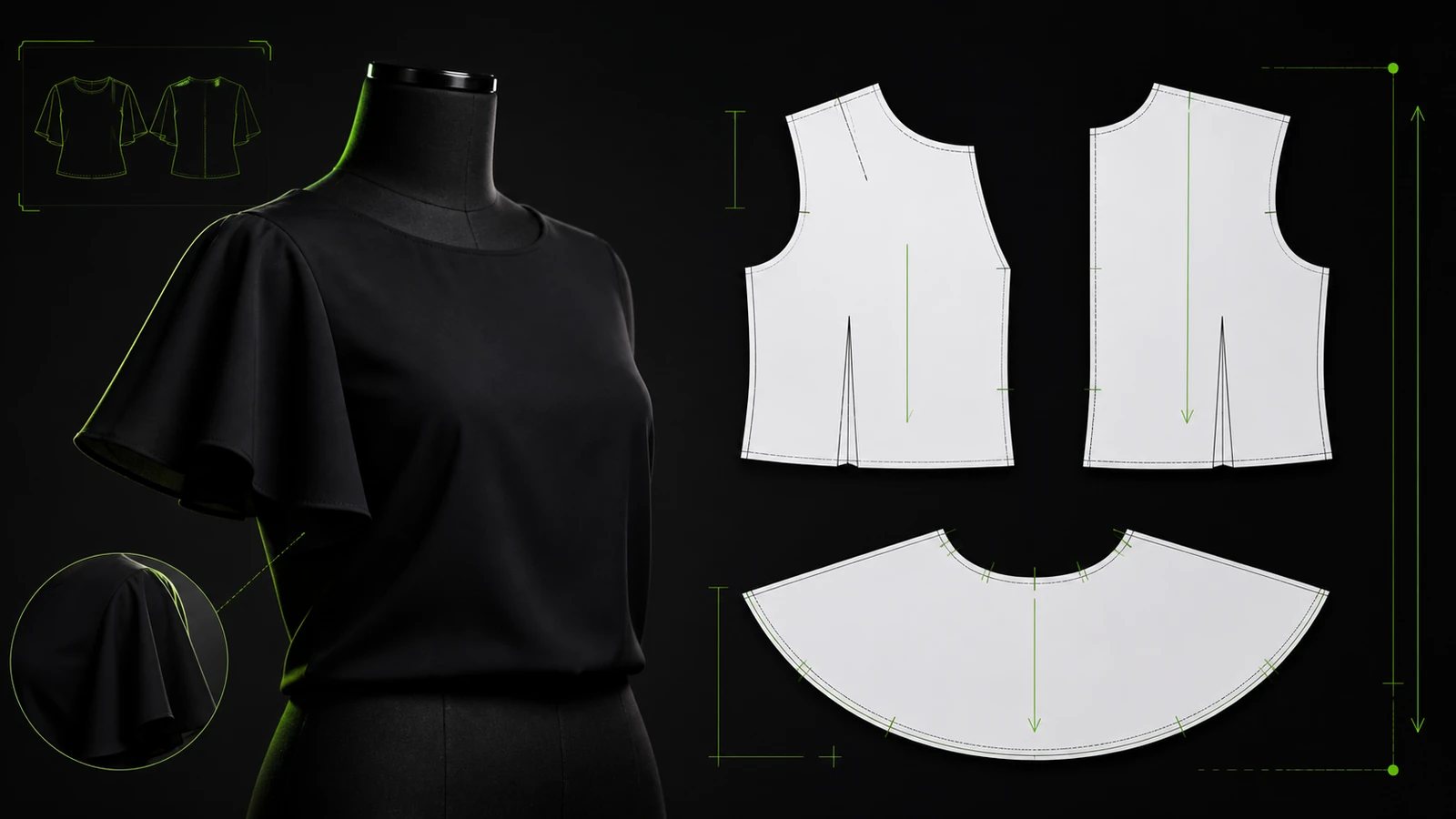 Manekin berblus hitam dengan lengan sayap pendek serta pola digital bodice dan flounce, attachment, grainline, notch, dan hem