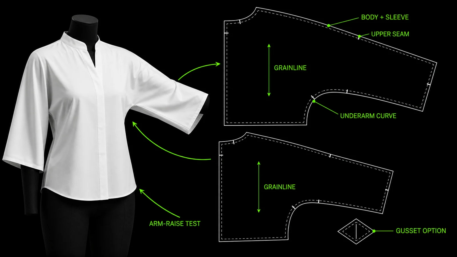 Blus putih berlengan setali pada manekin dengan pola digital body dan sleeve menyatu, upper seam, underarm curve, grainline, arm-raise test, dan opsi gusset