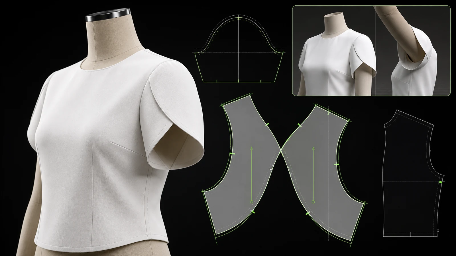 Blus putih berlengan tulip pada manekin dengan dua panel petal digital, sleeve cap, overlap, grainline, notch, dan arm-raise test
