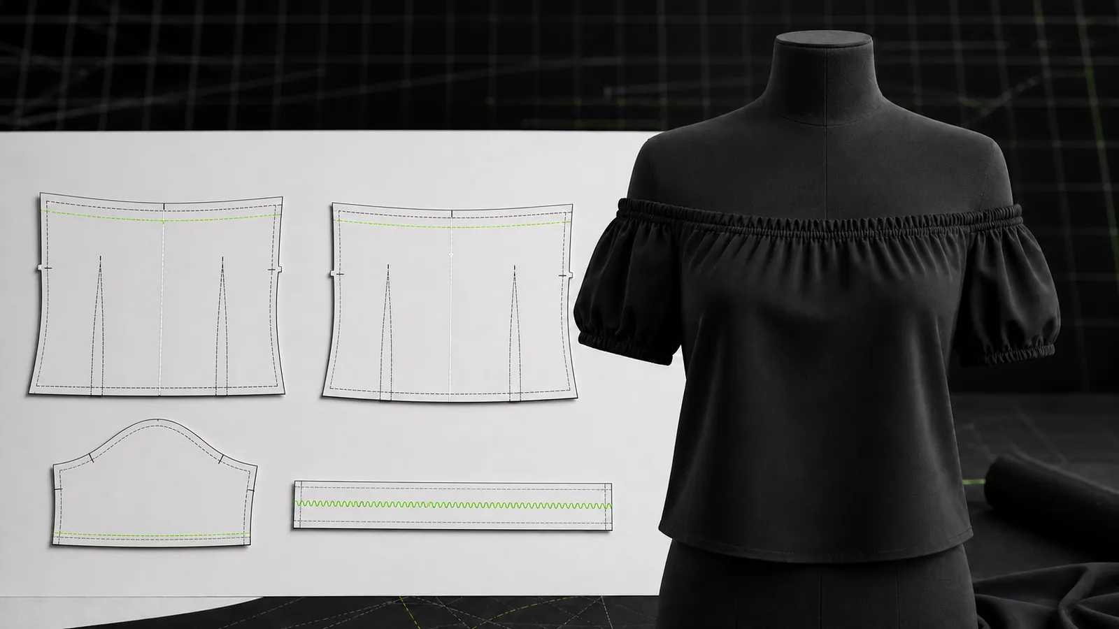 Manekin hitam mengenakan blus off shoulder dengan garis leher Sabrina elastis, pola badan depan-belakang tanpa bahu, lengan, casing, grainline, dan notch