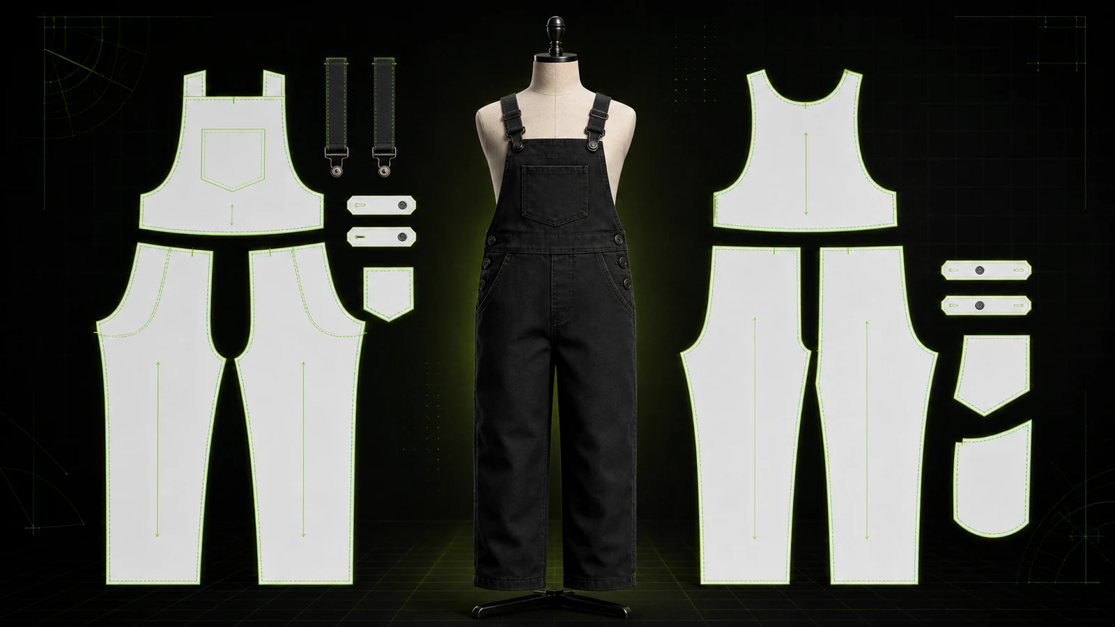 Manekin berproporsi anak memakai overall hitam bersama pola 2D celana depan-belakang, bib, strap, side tab, facing, pocket, grainline, seam line, dan notch hijau