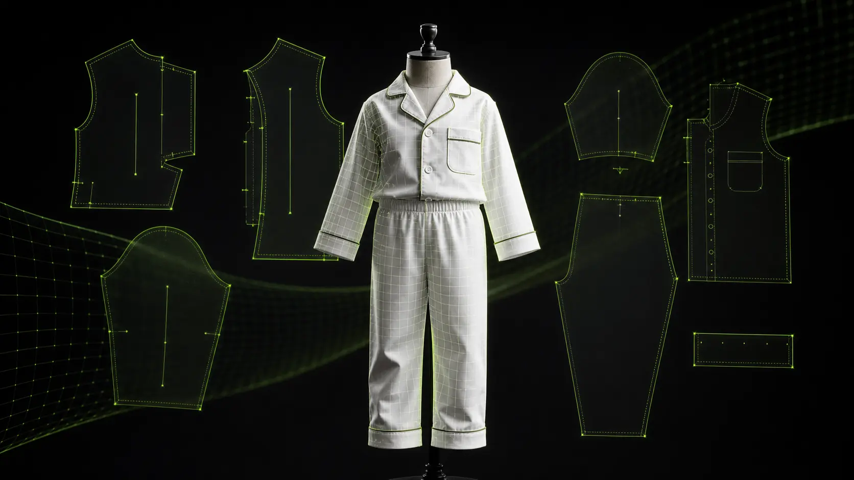 Set piyama anak digital pada manekin dengan atasan berkancing, celana elastis, pola 2D, grainline, notch, dan aksen simulasi 3D