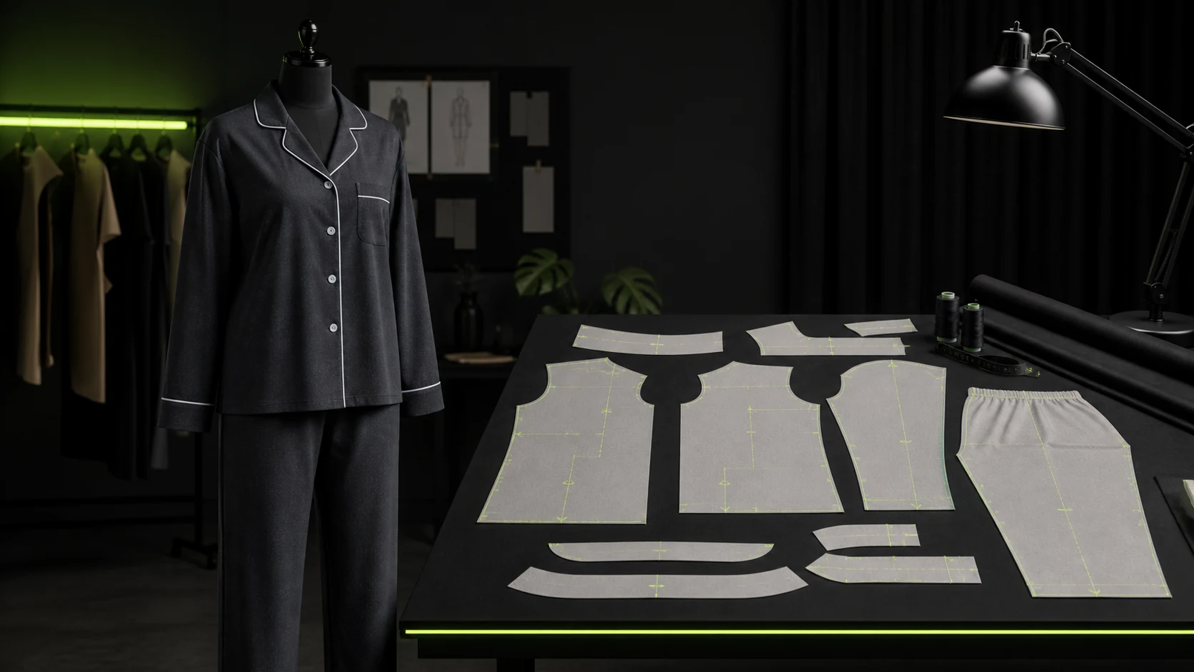 Manekin hitam memakai set piyama wanita abu gelap dengan piping putih, dikelilingi pola atasan berkerah dan celana lurus dengan tanda grainline hijau