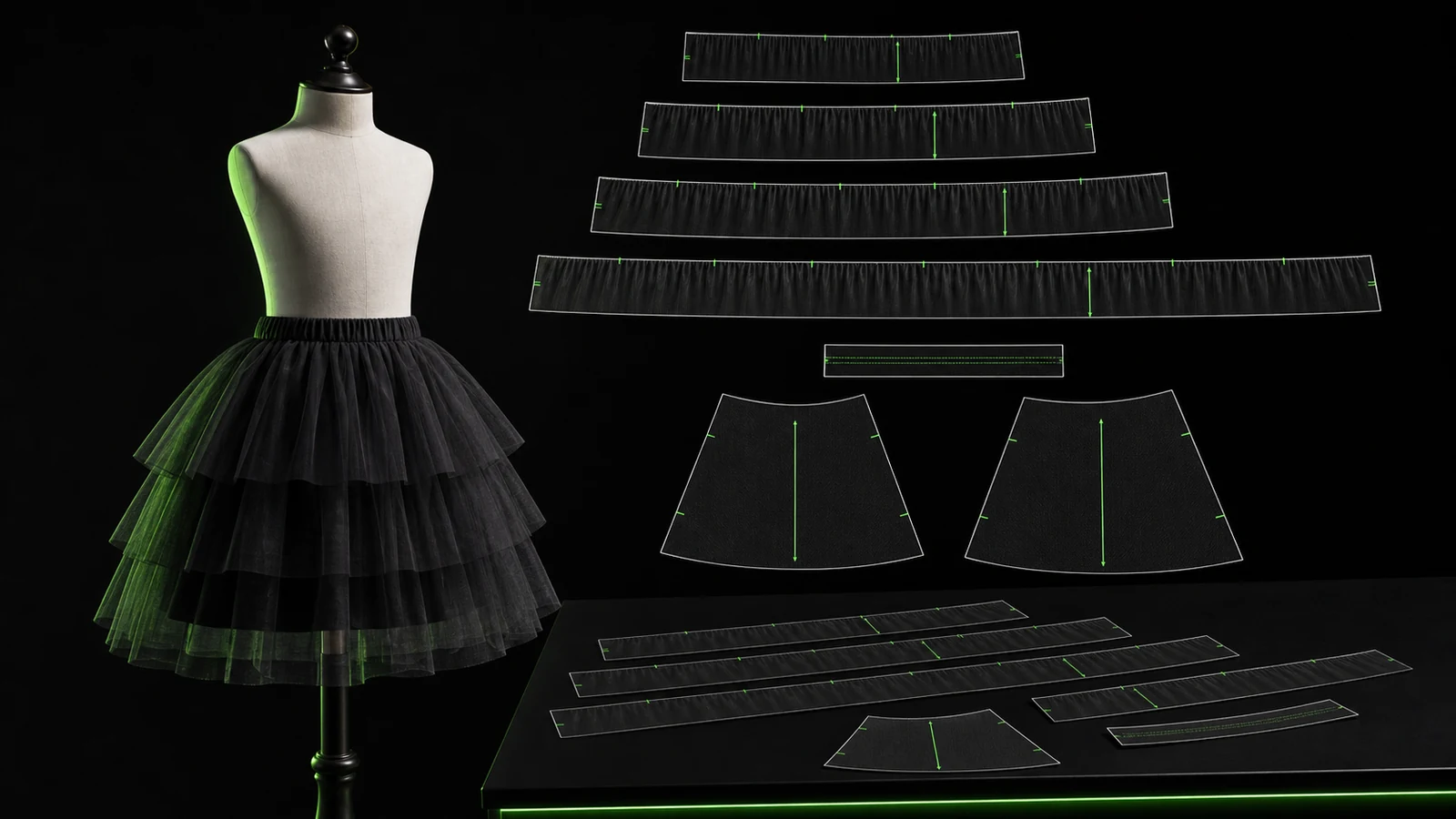 Manekin jahit berproporsi anak memakai rok tutu hitam berlapis bersama pola 2D lining, waistband, strip tulle bertingkat, grainline, notch, dan tanda kerut hijau