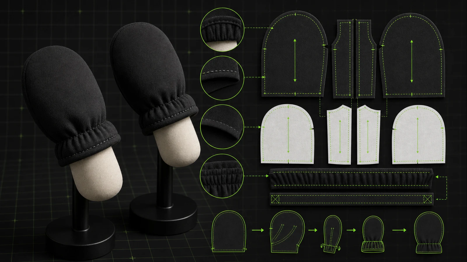 Manekin tangan tidak bernyawa berproporsi bayi memakai mitten hitam bersama pola shell, lining, cuff, elastic guide, seam allowance, grainline, dan notch berwarna hijau