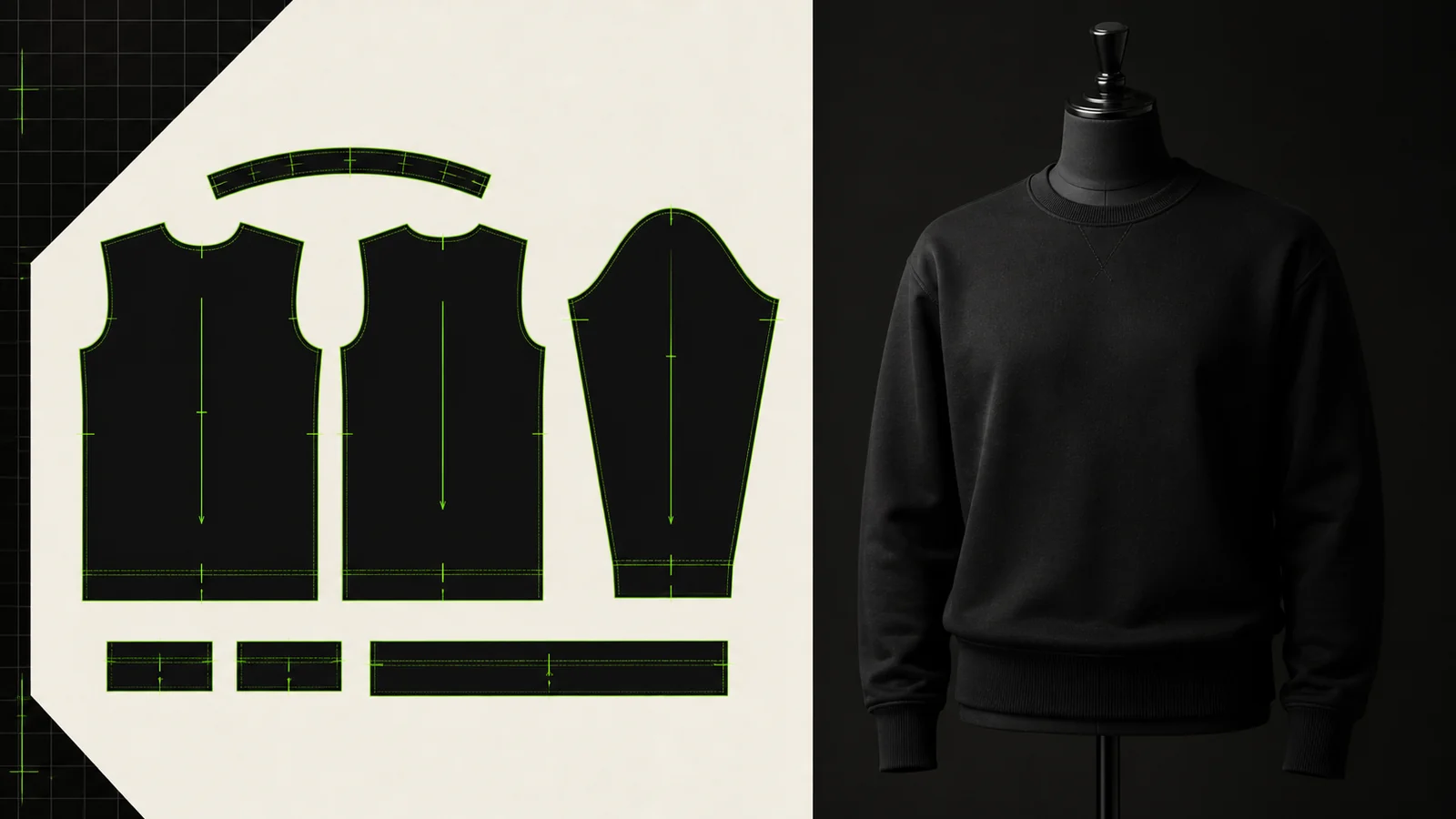 Sweater crewneck hitam pada manekin dewasa dan pola digital badan, lengan, neckband, cuff, serta hem band berwarna hijau