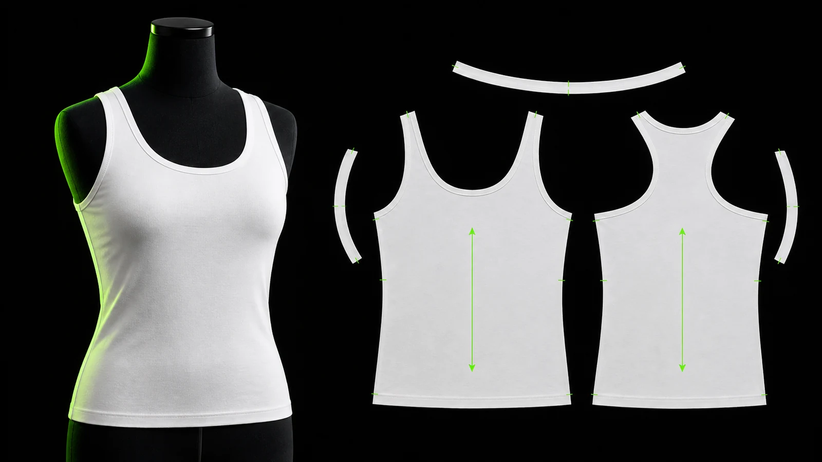 Tank top knit putih dengan bahu lebar pada manekin hitam di samping pola front, back, neckline binding, dan armhole binding bernotch hijau
