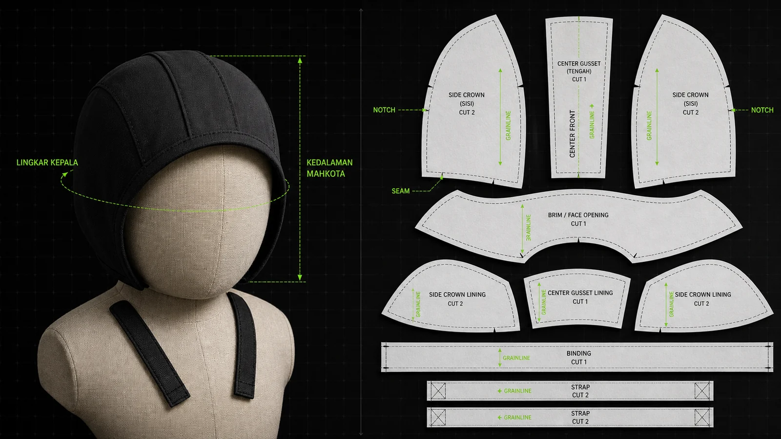 Manekin jahit tidak bernyawa berproporsi bayi memakai bonnet hitam bersama pola side crown, center gusset, brim, lining, binding, strap, grainline, notch, dan ukuran kepala