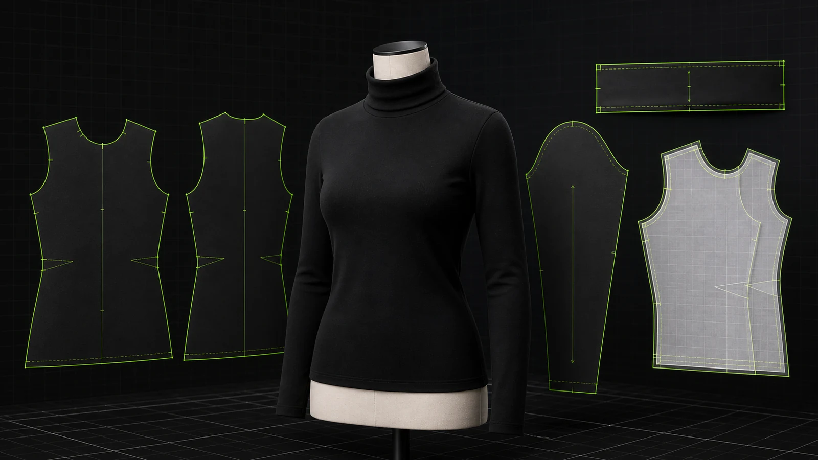 Atasan turtleneck cut-and-sewn knit hitam pada manekin dengan pola digital badan, lengan, neckline, dan kerah tinggi berwarna hijau